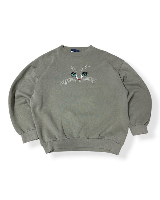 Vintage Cat Face Embroidered Crewneck