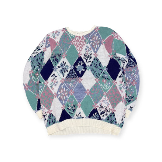 Vintage Floral Diamond Pattern Knit Sweater